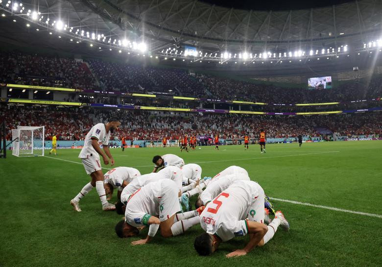 Morocco's Abdelhamid Sabiri celebrates scoring their first goal against Belgium with teammates. REUTERS/Amr Abdallah Dalsh