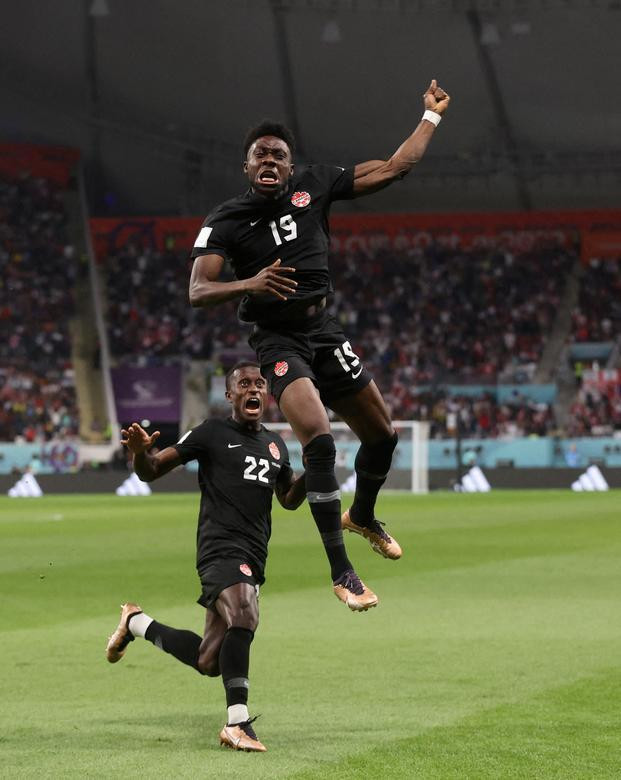 Canada's Alphonso Davies celebrates scoring their first goal against Croatia. the first ever for Canada in a World Cup. REUTERS/Carl Recine