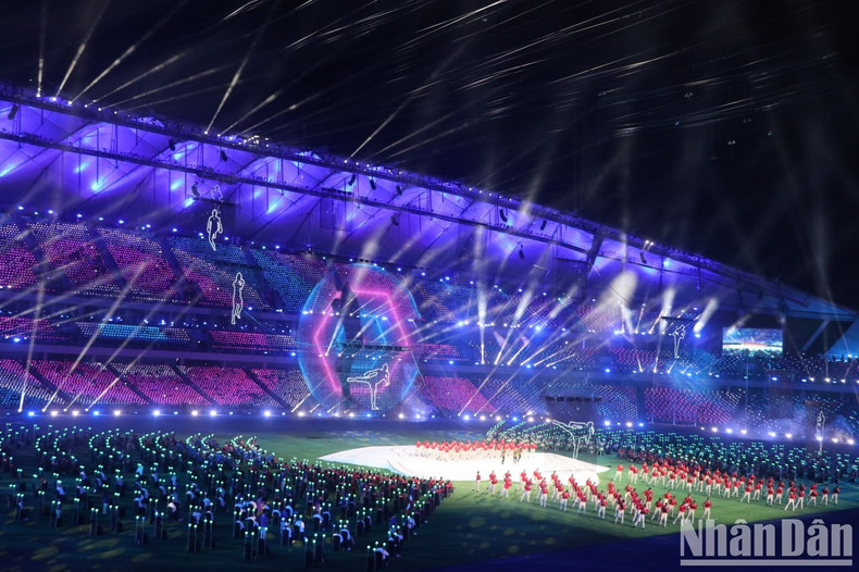 Light fills the Morodok Techo National Stadium in Phnom Penh.