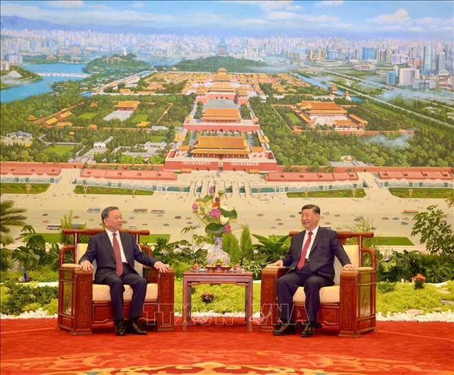 Chinese Party General Secretary and President Xi Jinping treats his Vietnamese counterpart To Lam to a tea party (Photo: VNA)