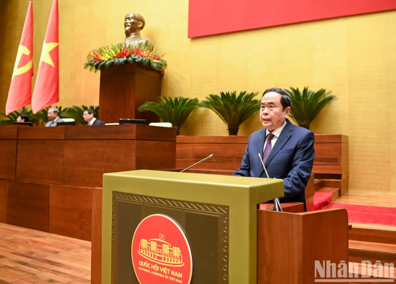 National Assembly Chairman Tran Thanh Man presents the content of policies and solutions for legal institutions to make breakthroughs in science, technology, innovation and national digital transformation development.