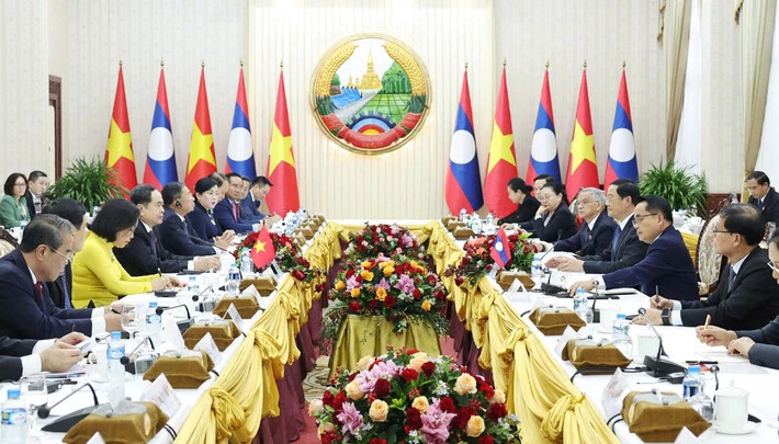 NA Chairman Tran Thanh Man meets with Lao Prime Minister Sonexay Siphandone. (Photo: VNA)