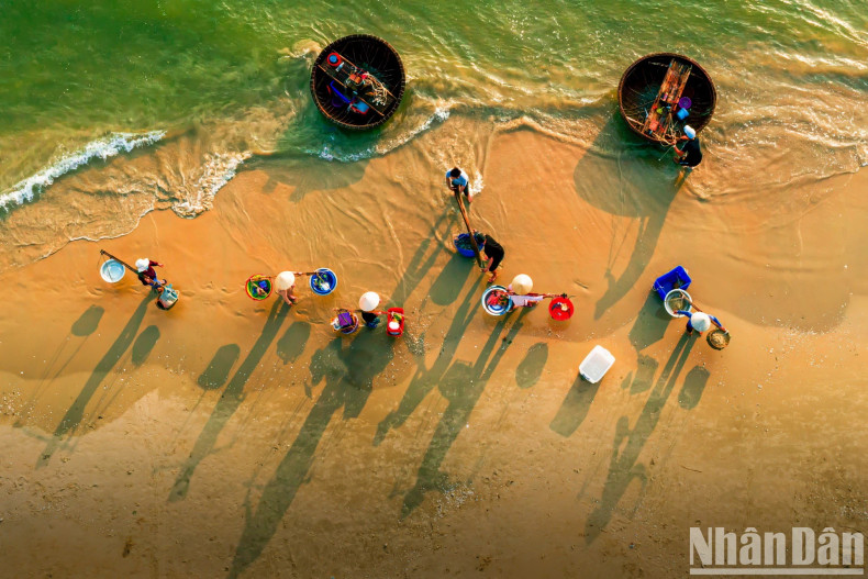 Women in the fishing village walking on the beach carrying seafood. Women in the fishing village walking on the beach carrying seafood.