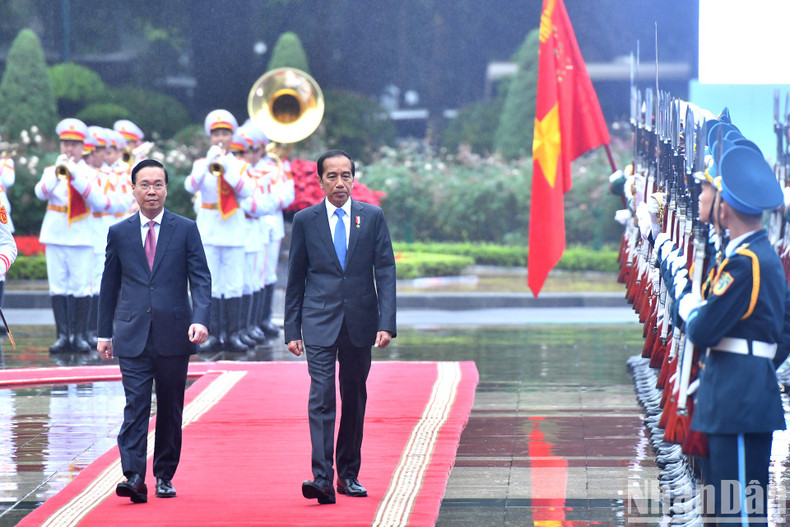 President Vo Van Thuong and Indonesian President Joko Widodo inspect the guards of honour at the welcome ceremony.