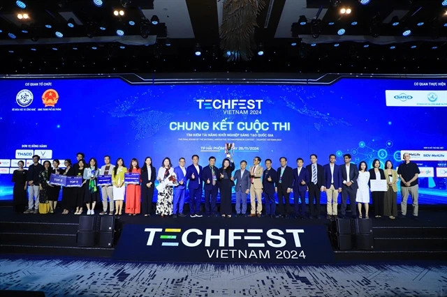 Winners of the TECHFEST Vietnam 2024 National Creative Startup Talent Search Competition honoured at the awards ceremony in Hai Phong city in November 2024. (Photo courtesy of the organiser).