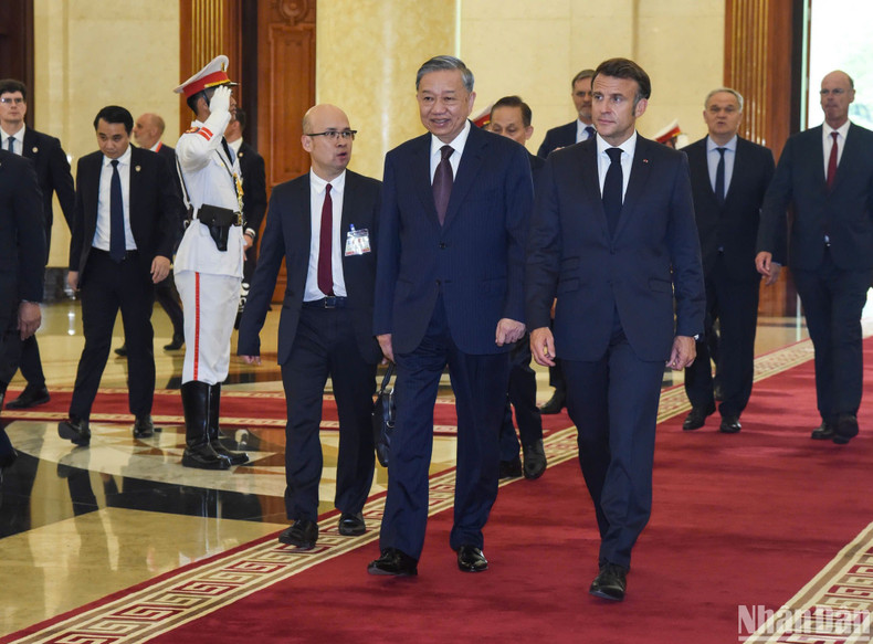 Vietnamese Party General Secretary To Lam (L) welcomes French President Emmanuel Macron Vietnamese Party General Secretary To Lam (L) welcomes French President Emmanuel Macron