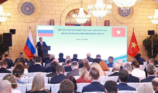 Prime Minister Phạm Minh Chinh speaks the Viet Nam – Russia Business Forum in Moscow on March 24 (Photo: VNA)