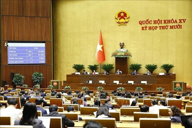 Lawmakers on December 11 adopt a resolution on groundbreaking mechanisms and policies to protect, care for, and improve public health. (Photo: VNA)