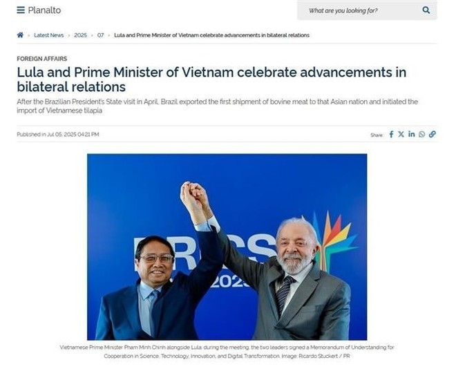 Brazil’s Planalto news site reports on the talks between Vietnamese PM Pham Minh Chinh and Brazilian President Lula da Silva. (Screenshot of the article – VNA) Brazil’s Planalto news site reports on the talks between Vietnamese PM Pham Minh Chinh and Brazilian President Lula da Silva. (Screenshot of the article – VNA)