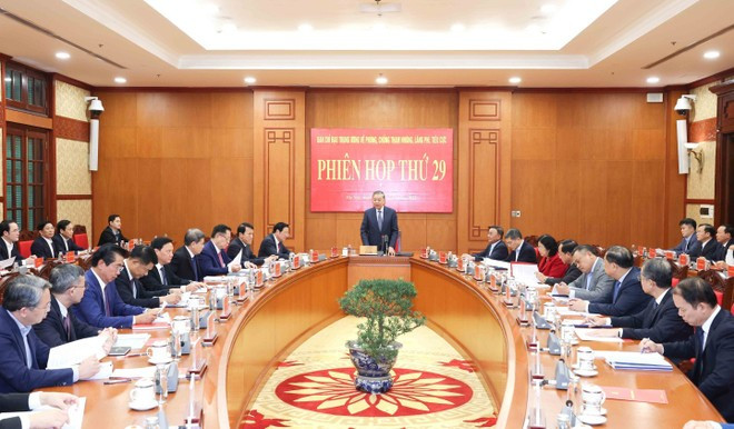 Party General Secretary To Lam, head of the Central Steering Committee for Prevention and Control of Corruption, Wastefulness, and Negative Phenomena, chairs the committee’s 29th meeting to review its 2025 performance and discuss its work programme for 2026. (Photo: VNA)
