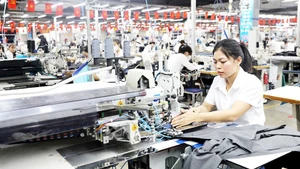An automatic steam press valued at more than 1.3 billion VND — one of the most modern pieces of equipment at Hung Ha Veston Enterprise (under May 10 Corporation, Hung Ha Commune, Hung Yen Province) — is operated by workers. Photo: THE DUYET