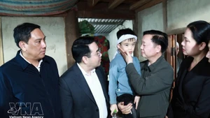 Deputy Prime Minister Tran Hong Ha (second, right) visits the child who survived in the accident. (Photo: VNA)