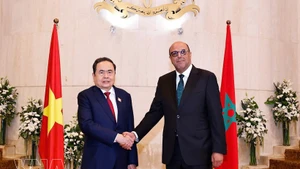 National Assembly Chairman Tran Thanh Man (L) meets with Moroccan President of House of Councillors Mohamed Ould Errachid in Morocco on the morning of July 25, 2025. (Photo: VNA)