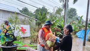 A representative of the Viet Nam Red Cross Society delivers relief to a flood-hit resident in Hue city. (Photo: VNA)