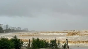 Rough sea and heavy rainfall observed at the Sam Son beach resort, Thanh Hoa province, at noon on August 25. (Photo: VNA)