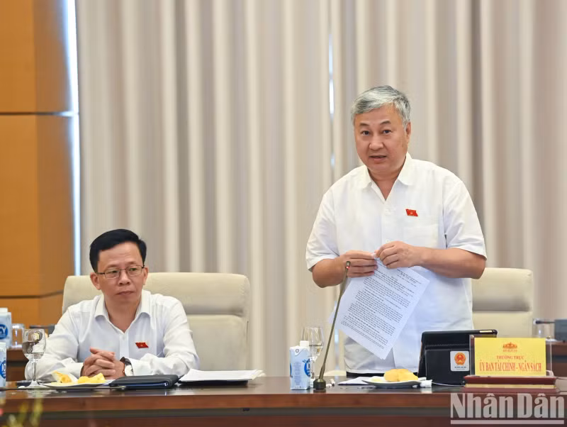 Permanent member of the Finance-Budget Committee Tran Van Lam speaks at the meeting.