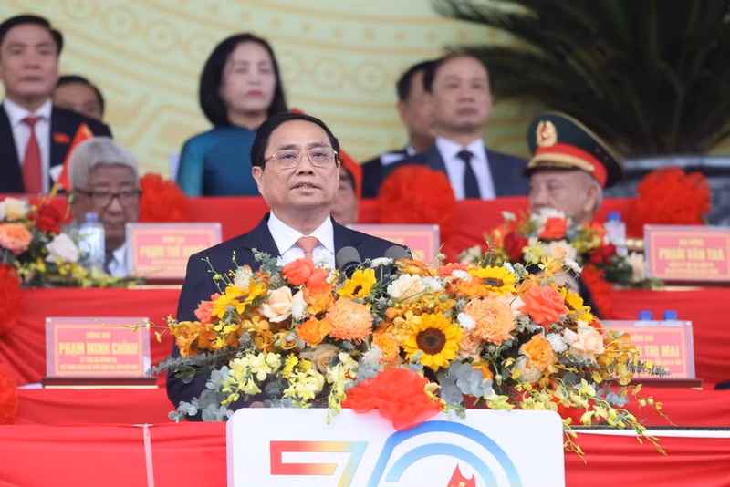 PM Pham Minh Chinh delivers a speech at the ceremony marking the 70th anniversary of the Dien Bien Phu Victory in Dien Bien province on May 7. (Photo: VNA)
