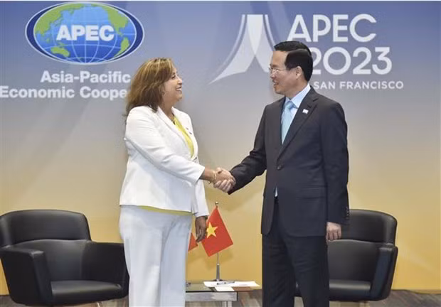 President Vo Van Thuong (R) meets Peruvian President Dina Ercilia Boluarte Zegarra in San Francisco. (Photo: VNA)
