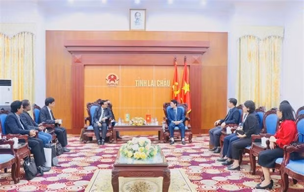 At the meeting between Vice Chairman of the Lai Chau People's Committee Ha Trong Hai and a visiting delegation from the Indian Embassy and the Indian Rare Earths Limited (IREL) on November 8. (Photo: VNA)