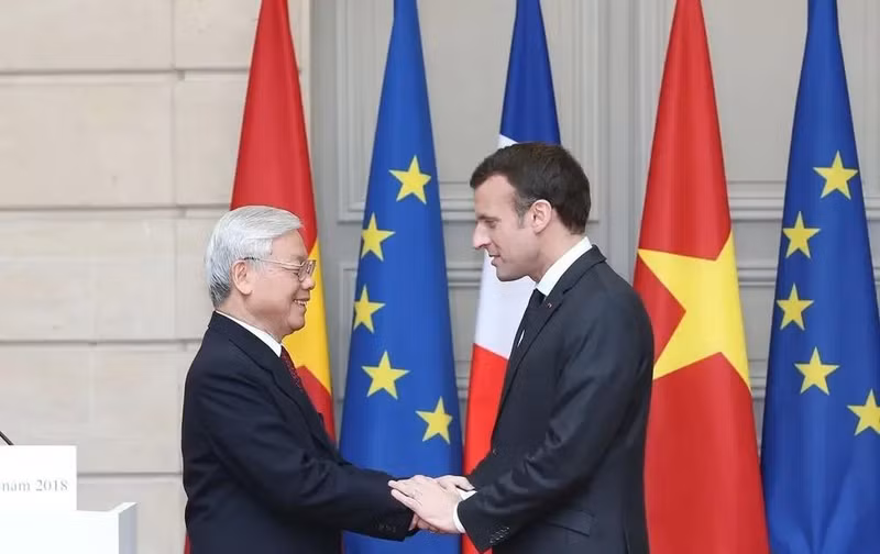 General Secretary of the Communist Party of Vietnam Central Committee Nguyen Phu Trong (L) and French President Emmanuel Macron in the former's official visit to France in 2018. (Photo: VNA).