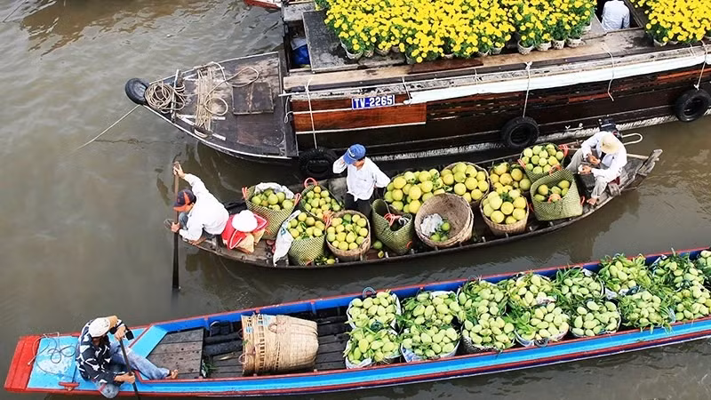 Fruit trading activities in the riverine orchards of the Southern region of Vietnam always attract tourists. (Photo: Ngoc Mai)