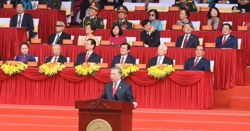 General Secretary of the Central Committee of the Communist Party of Vietnam To Lam delivers the address at the national celebration of the 50th anniversary of the liberation of the South and national reunification in Ho Chi Minh City on April 30. (Photo: VNA)