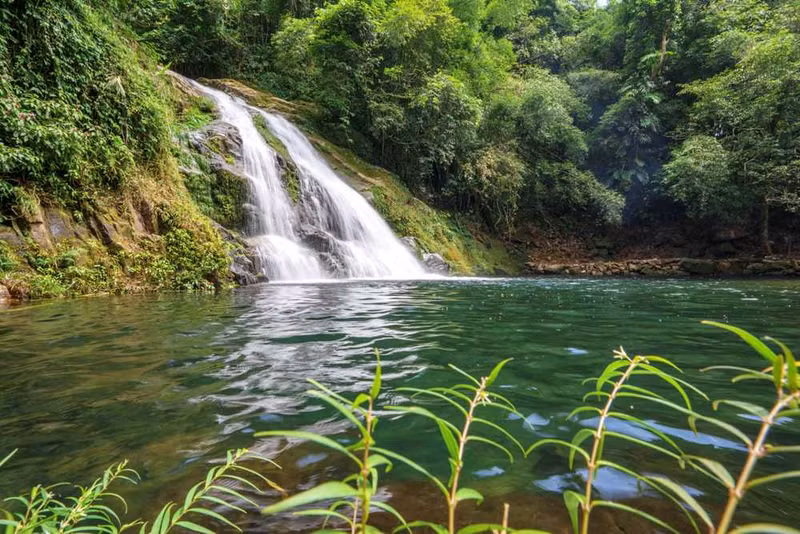 The water flows down the valley from the mountain, pouring down to create white foam, forming a lake which is hundreds of square meters wide at the foot of the waterfall. (Photo: vietnamtourism.gov.vn)