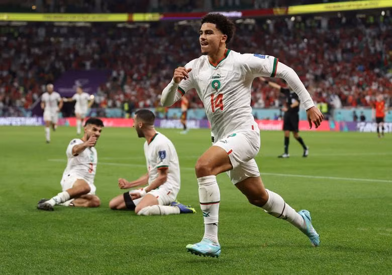 Morocco's Zakaria Aboukhlal celebrates scoring their second goal against Belgium. REUTERS/Matthew Childs