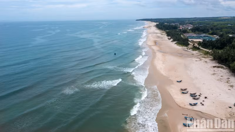 Located in Vinh Thai Commune, Vinh Linh District, Vinh Thai Beach still retains its pristine beauty with a long coastline, hidden under rows of green trees.