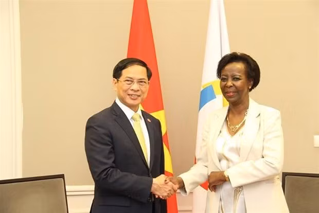 Minister of Foreign Affairs Bui Thanh Son (L) meets with OIF Secretary General Louise Mushikiwabo in Paris on June 7 (Photo: VNA)