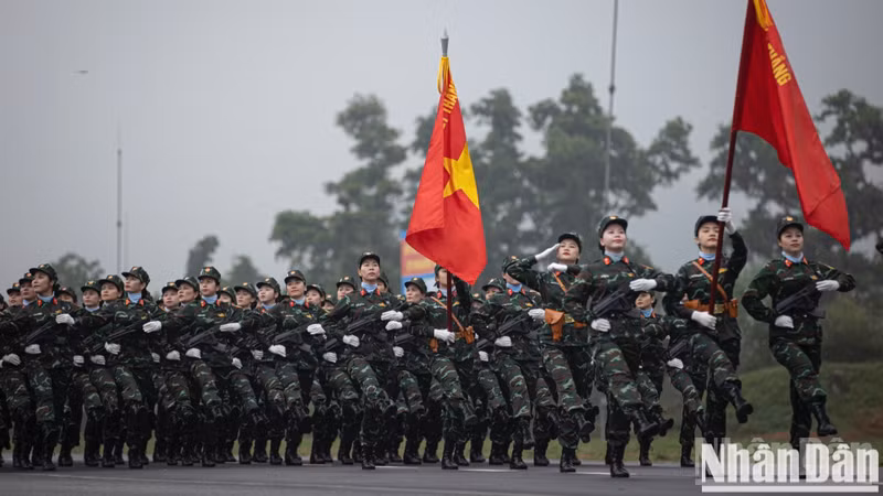 Military parade rehearsal for 50th anniversary of Southern Liberation at the National Military Training Centre 4, in Hanoi.