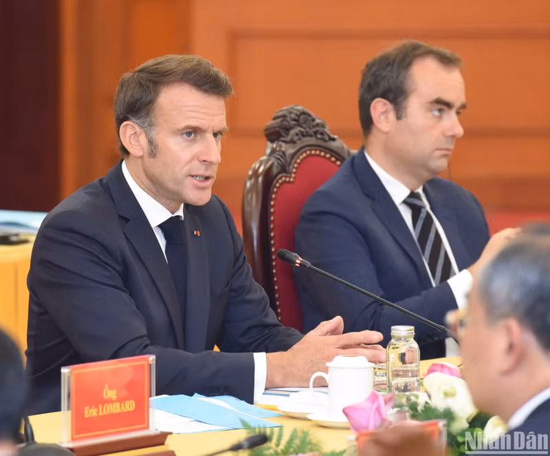 French President Emmanuel Macron speaks at the reception