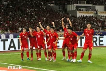 Vietnamese players celebrate Cong Phuong’s goal. (Photo: VNA) 
