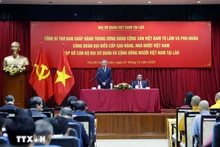 Party General Secretary To Lam speaks at the meeting with staff of the Vietnamese Embassy and representatives of the Vietnamese community in Vientiane. (Photo: VNA)