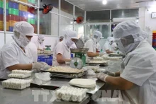 Workers produce fried spring rolls at the Kim Ngoc Food Company in Tan An ward, Tay Ninh province. (Photo: VNA)