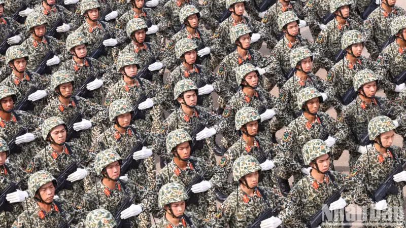 Male officers of the special forces marching at the general rehearsal.