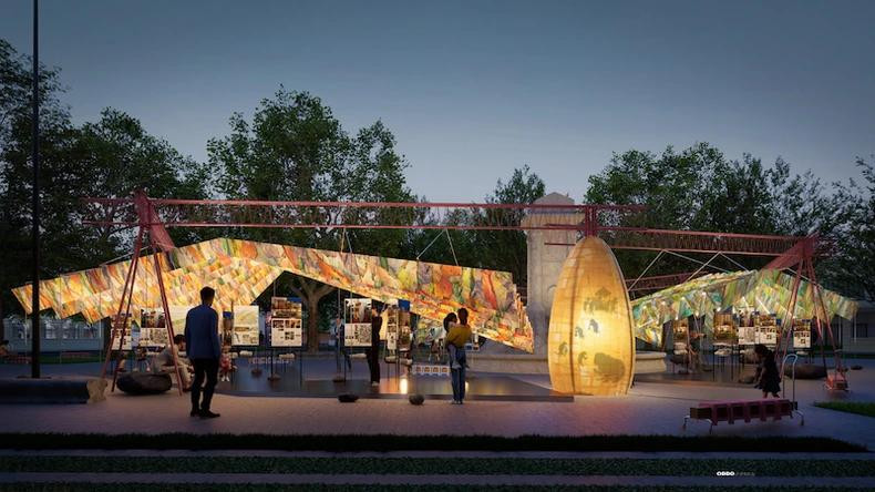 The exhibition is a piece of public art crafted from recycled materials, handmade do paper, and a modern steel structure.