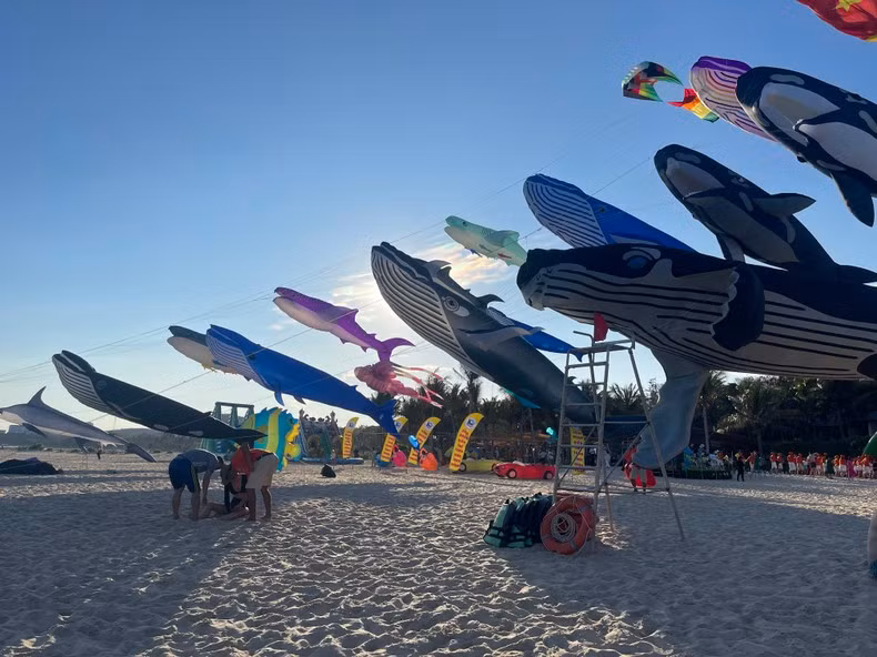 Giant kites on the beach.