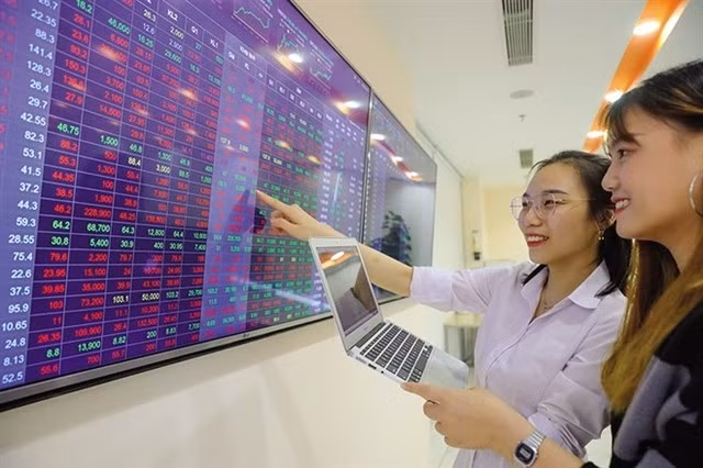 Two investors watch stock indices on an e-board. (Photo: VNA)