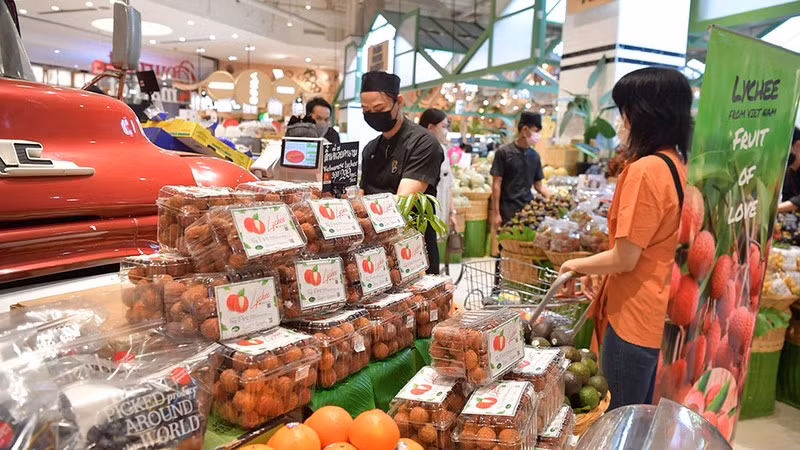 Bac Giang lychees on sale at the Siam Paragon shopping mall in Bangkok, Thailand.
