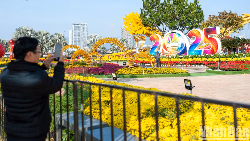 The centrepiece of Bach Dang flower street is the snake zodiac statue. The centrepiece of Bach Dang flower street is the snake zodiac statue.
