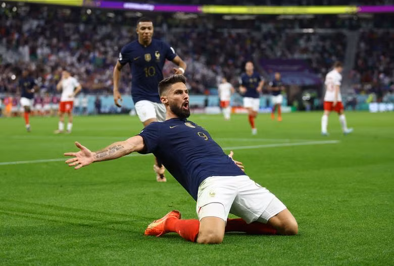 France's Olivier Giroud celebrates scoring their first goal. REUTERS/Hannah Mckay