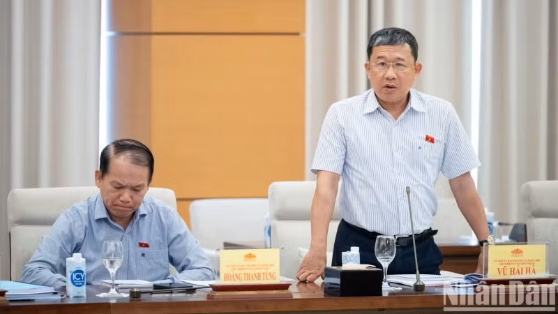 Chairman of the NA Committee for Foreign Affairs Vu Hai Ha speaks at the meeting.