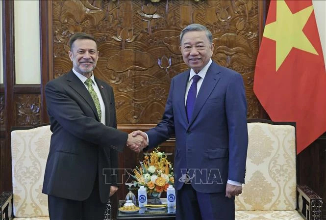 President To Lam (R) and Australian Ambassador to Vietnam Andrew Goledzinowski (Photo: VNA) 
