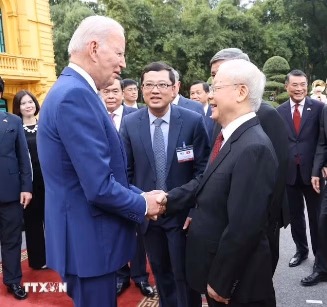 Party General Secretary Nguyen Phu Trong welcomes US President Joe Biden on his state visit to Vietnam on September 10-11, 2023.