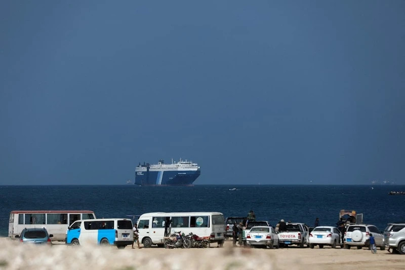 The Galaxy Leader commercial ship, which was captured by Yemen's Houthi forces, was seen off the coast of al-Salif, Yemen, on December 5, 2023. (Photo: REUTERS)