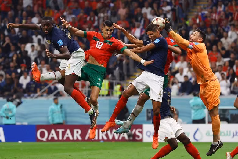 Morocco's Jawad El Yamiq in action with France's Ibrahima Konate, Raphael Varane and Hugo Lloris. (Photo: REUTERS)