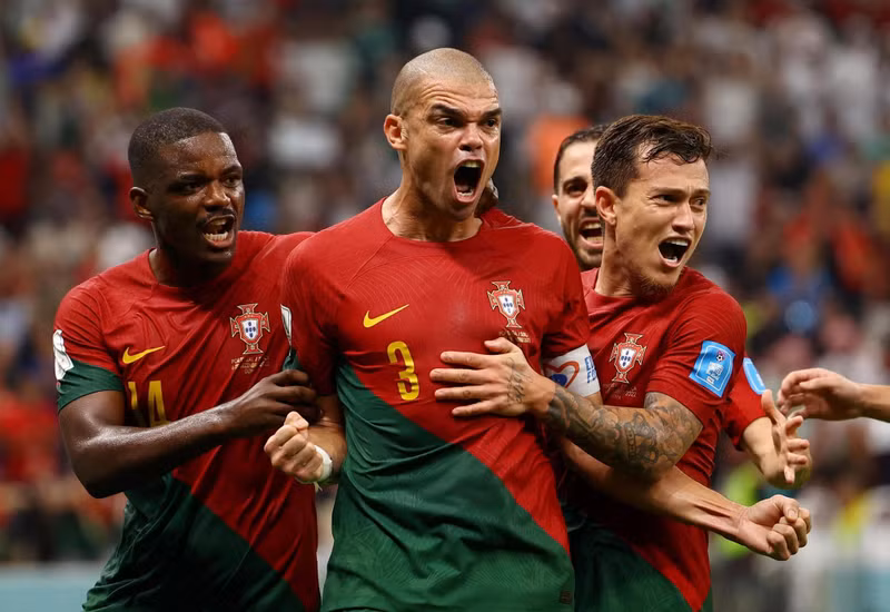 Portugal's Pepe celebrates scoring their second goal with teammates. (Photo: REUTERS)