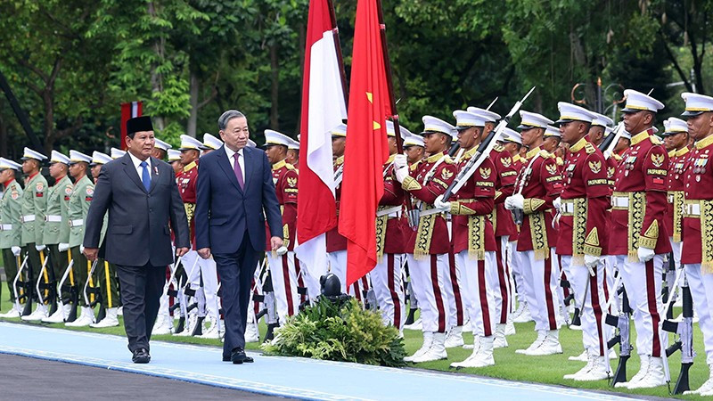 Party General Secretary To Lam and Indonesian President Prabowo Subianto inspect the honour guard. (Photo: VNA)