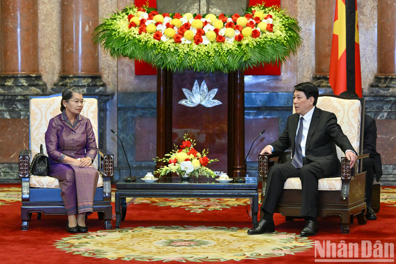 State President Luong Cuong (R) shakes hands with Men Sam An, Vice President of the Cambodian People's Party (CPP), at their meeting in Ha Noi on May 25, 2025 (Photo: NDO) 